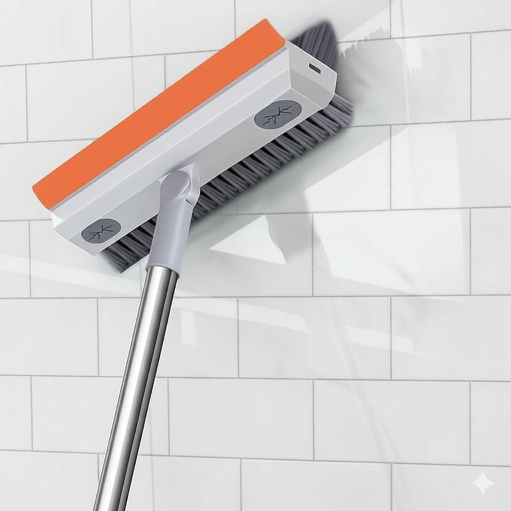 Marve Bathroom Cleaning Brush with Wiper - Long Handle 180° Rotate Toilet Brush, Tiles Cleaning, Floor Scrub for Kitchen and Bathroom Accessories 3 in 1 Tile Brush (3 in 1 Tile Brush Orange)