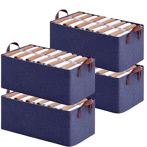 RENVA 4 PCS Collapsible Fabric Storage Cubes Organizer With Handles Foldable Storage Baskets For Organizing Toys,Books,Shelves,Closet,Large Storage Box With Handles,47 X 28 X 20 Cm (BLUE, 4)