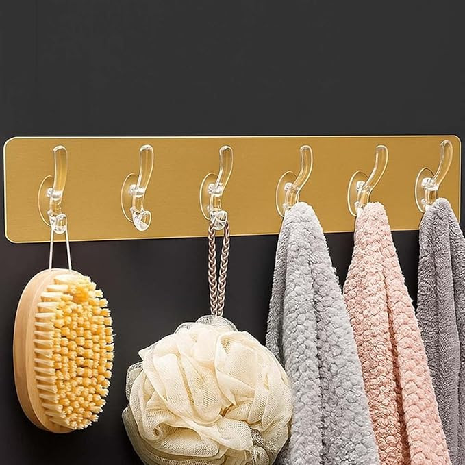 1 PCS Golden Row Self Adhesive Wall Hooks Heavy Duty Sticky Wall Mounted Hook Rack No Drill Strong Adhesive Hook for Kitchen Bathroom Bedroom Door Keys Towels Bags Kitchen Accessories