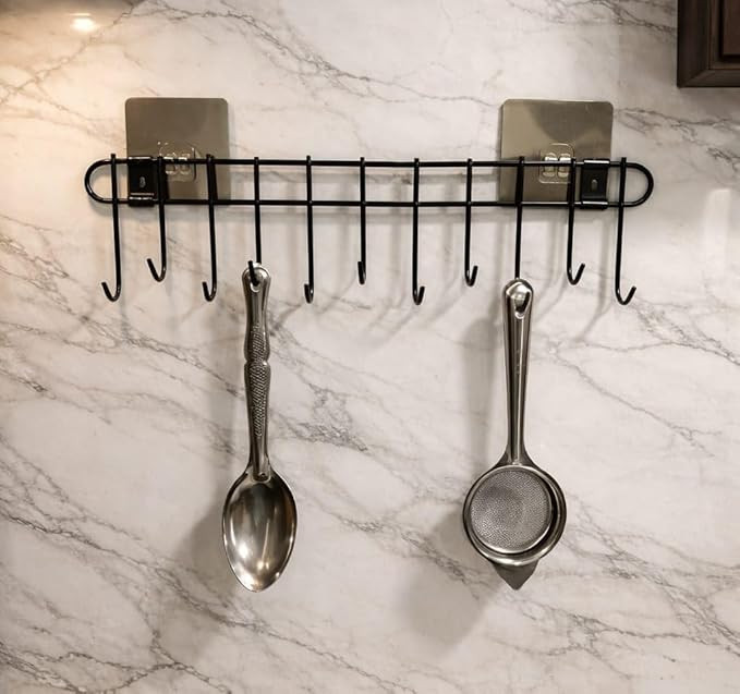 Wall Mounted Kitchen Utensil Hanger with Adhesive Hooks | Heavy Duty Metal Spoon & Ladle Holder Rack | No Drilling Kitchen Organizer for Cooking Tools, Cups & Accessories (Black)