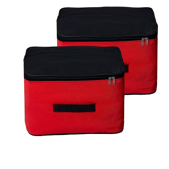 Underbed Moisture Proof Wardrobe Organizer Storage Bag for Clothes with Zipper Closure and Handle Square | Storage Container Box for Blankets Bedsheets Saree & Garments (BLACK - RED, Set of 1)