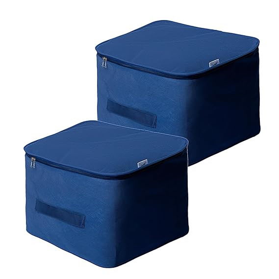 Underbed Moisture Proof Wardrobe Organizer Storage Bag for Clothes with Zipper Closure and Handle Square | Storage Container Box for Blankets, Bedsheets, Saree Bags & Garments (Blue, Pack of 1)