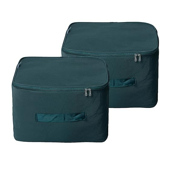 Underbed Moisture Proof Wardrobe Organiser Storage Bag for Clothes with Zipper Closure and Handle Square | Storage Container Box for Blankets, Bedsheets, Saree Bags & Garments (GREEN, PACK OF 1)