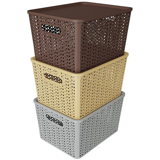 Big Storage Box and Organiser | Storage & Organizers | Organizer Storage Box for Kitchen, Clothes | Durable Storage Basket With Lid & Plastic Basket for Storage (Pack of 3, multicolor)