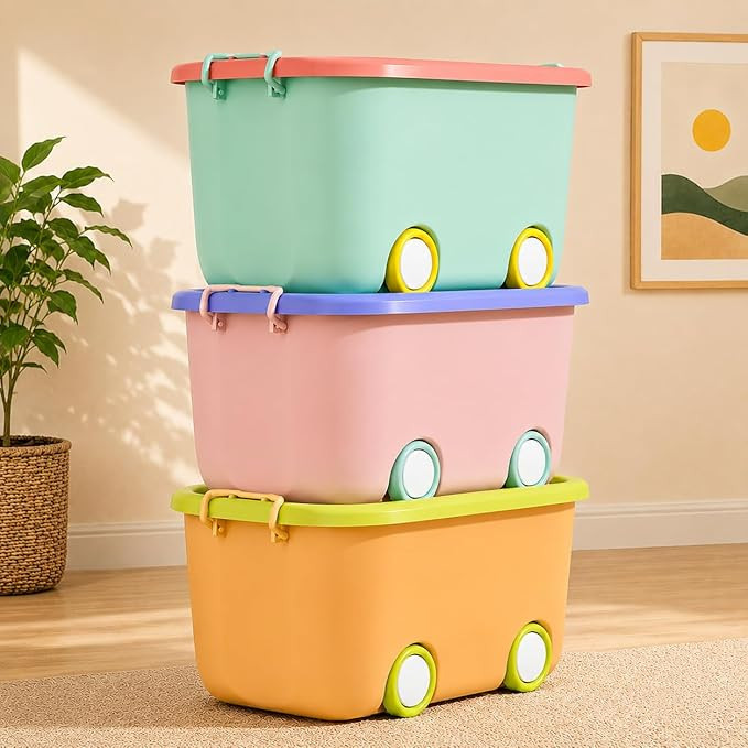 25 Litre Rolling Toy Storage Box/Colorful Car-Shaped Kids Toy Storage Organizer/Large Size Plastic Storage Box with Wheels & Handle/Stackable Storage Container Box (Pack of 3, Multicolor)