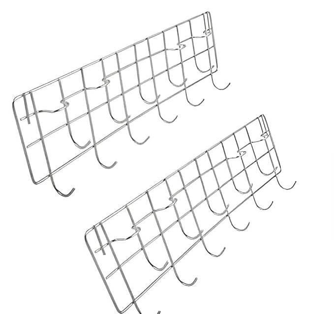 Wall-Mounted Grid Storage Rack, Chrome Steel, 35x3.5 cm, Multi-Hook Kitchen Utensil Organizer with Hanging Hooks, Pack of 2