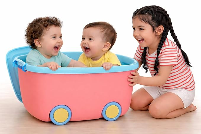 45L Large Rolling Toy Storage Box Pink Pack of 2 with Wheels & Lid, Kids Plastic Organizer Bin, Stackable Storage Container for Toys Clothes Books, Nursery Bedroom Playroom Home Storage Boxes
