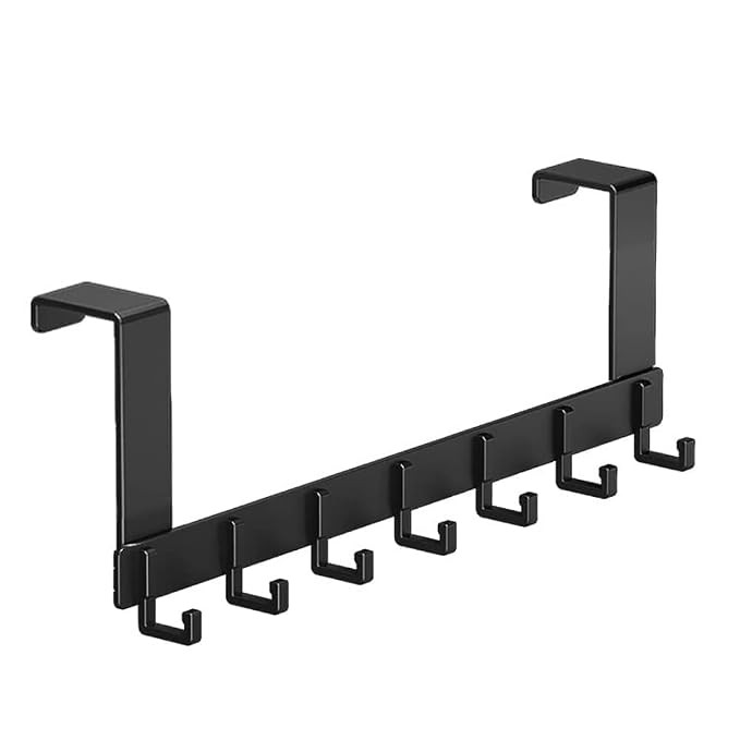 Hook Behind The Door Free Punching Hanger Clothes Storage Rack Entry Door Hanger Wall Hanging Clothes Hook Door Hanger Over The Door Hook Hanger (7-Hooks Long, Black)