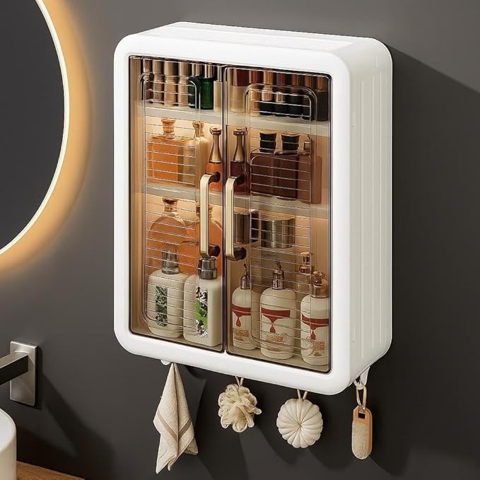 Plastic Self-Adhesive No-Drill Bathroom Shelf and Storage Cabinet with Magic Stickers Organiser for Essentials Bathroom Makeup Skincare Wall-Mounted Multi-Purpose Storage Cabinet