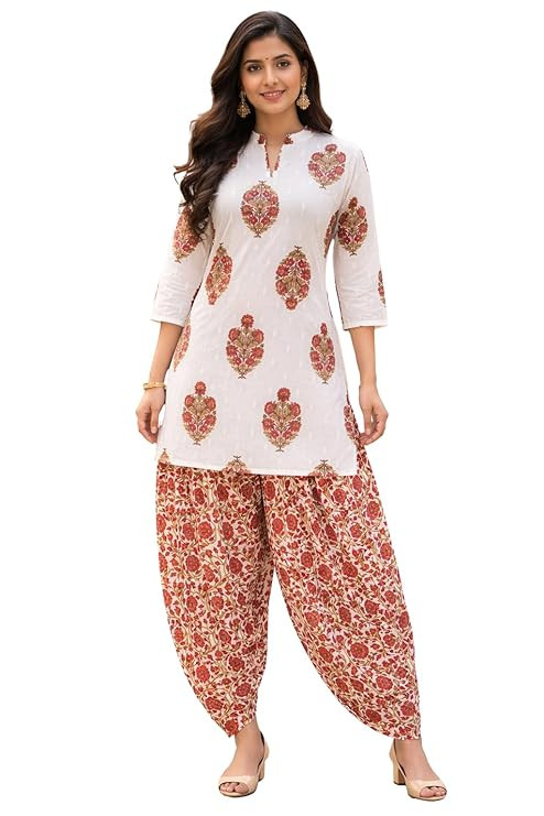 Women's Cotton Floral Print Kurta Patiala Pant Set, White and Purple Traditional Indian Ethnic Wear with Damask Pattern