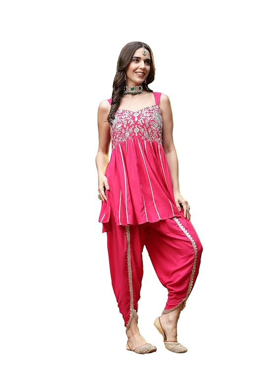 Women's Solid & Embroidered Rayon A-Line Kurti Dhoti Pant Set