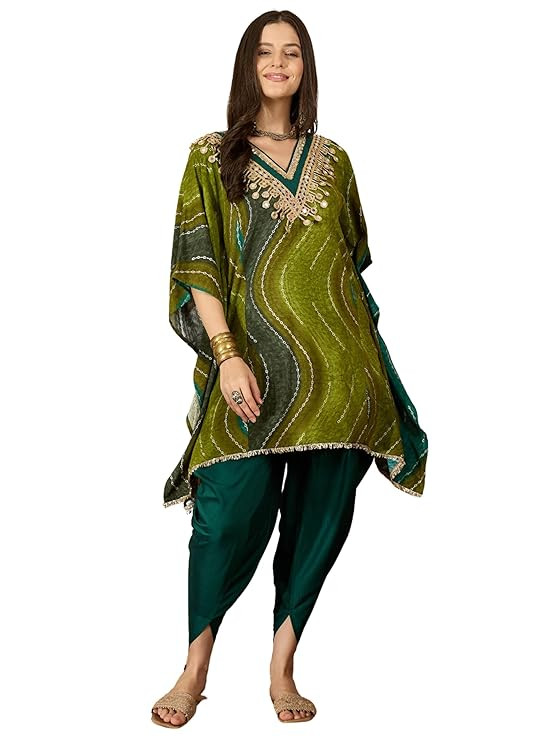 Women's Viscose Rayon Leheriya Print Kaftan Kurta with Dhoti Pant Set | Wedding | Ethnic Set| Ethnic Co Ord Set for Women