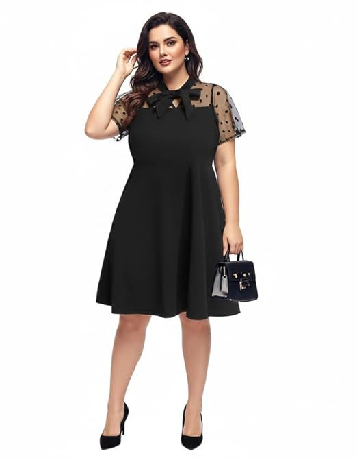 Women's Plus Size Contrast Mesh Short Sleeve Bow Tie Neck Cocktail Party Elegant A-Line Dresses