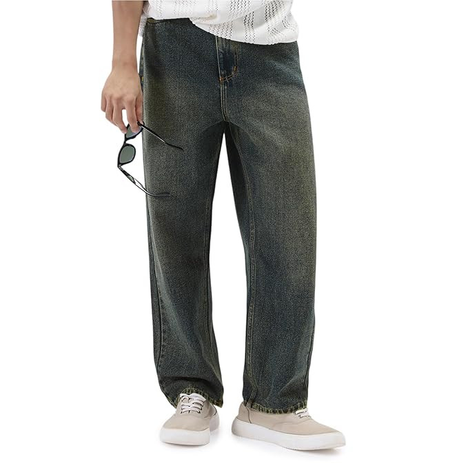 Men's Loose Baggy Fit Heavy Washed Jeans Non-Stretchable