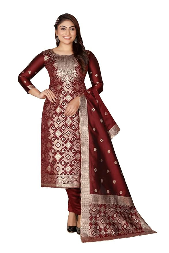 Gold Banarasi Jacquard Unstitched Suit Set with Designer Dupatta Traditional Festive Wedding Party Ethnic Indian Dress Material for Women