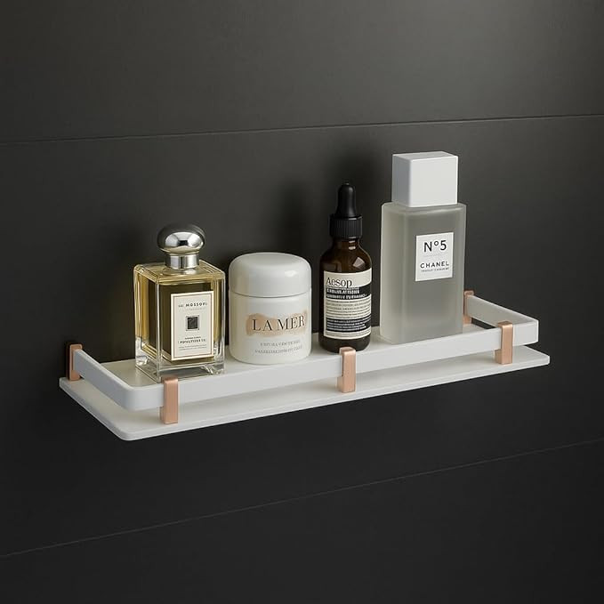 Acrylic Shelf with Rose Gold Brackets – Waterproof Bathroom & Kitchen Organizer Rack for Perfume, Skincare, Shampoo, Toiletries & Home Décor