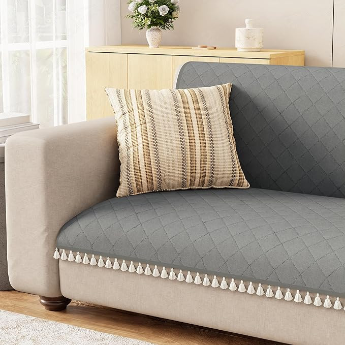 Quilted Sofa Cover Mat with Tassels for 5 Seater Sofa - Stone Grey | Soft Washable Anti-Slip Protector for Living Room | Furniture Cover for Back-Seat Slipcover 3+1+1 Seat Cover/SC-193-5T
