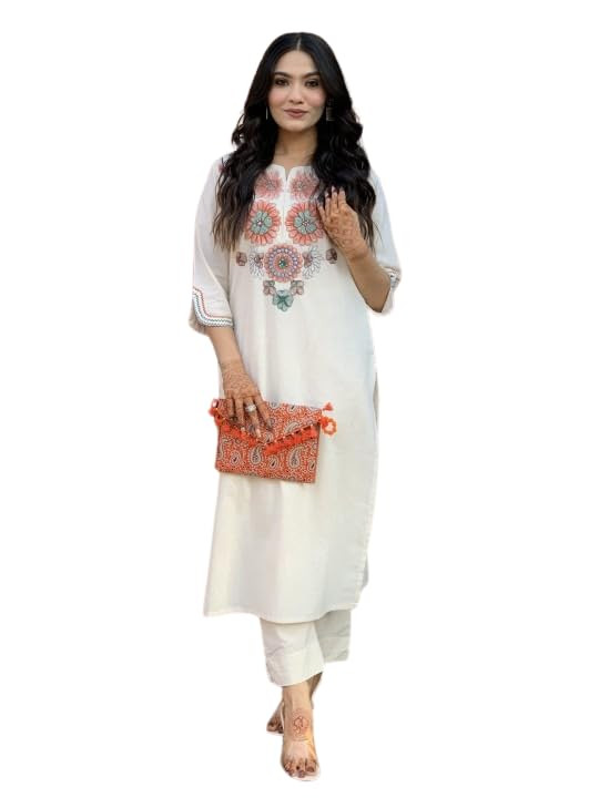 Women's Pure Cotton Embroidery Floral Printed Straight Coo-rd Set Kurti with Pant