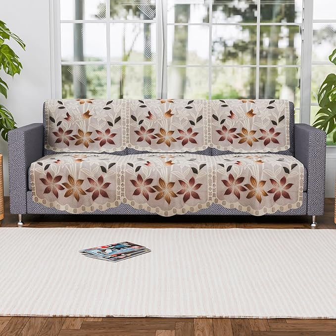 (Set of 6) Stylish & Durable Cotton Sofa Covers 3 Seater | Washable Sofa Protector/Mat | Suitable Slipcover for Living Room & Office | Brown Printed Lining