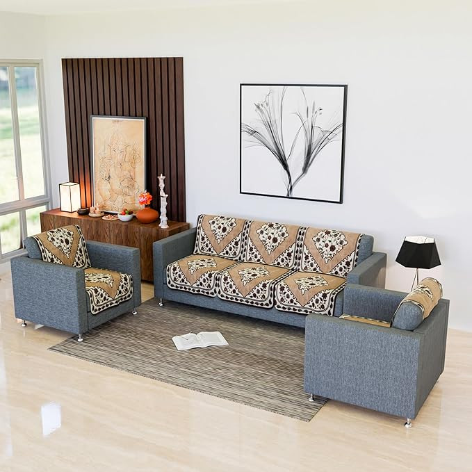 Sofa Cover | Net Sofa Slipcover Set | 5-Seater Sofa Cover for Hall | Couch Sofa Cover Set | Sofa Slipcover for Living Room & Home | Flower Digital Triangle Border Print-753 | Brown