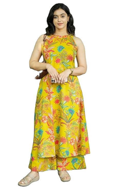Women Pure Cotton Kurta Palazzo Set | Sleeveless Printed Kurta with Palazzo Pants | Summer Friendly, Office Wear Co-Ord Set