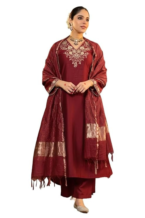 Women Embroidery Solid Straight Kurta and Pant Set with Dupatta