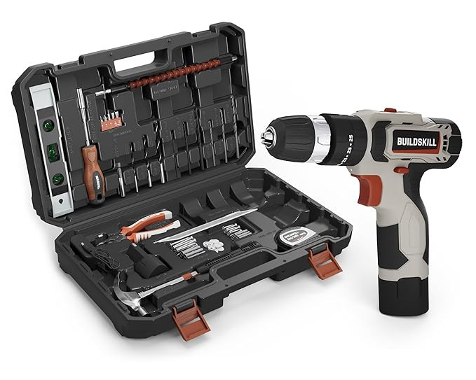 12V Cordless Drill Machine Tool Kit 10MM Keyless Chuck,Copper Armature, 3M Auto Measuring Tape, CRV Bits, TPR Screwdriver | Home Tools Box Kit with Drill Machine (6 Month Warranty)
