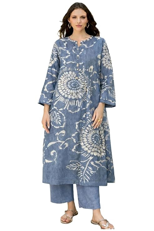 Kurta Set for Women Rayon Printed | Kurti Set for Woman | Kurta Palazzo 2 Piece Outfit | Band Collar 3/4 Sleeve A-Line Fit Ethnic Dress Stylish Kurta Sets for Women Clothing