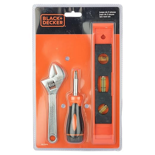 BD75919 3-Piece TOOLKIT, Includes 1 ADJUSTABLE WRENCH - 6 Inch, 1 TORPEDO LEVEL with Magnetic Base, 1 SCREWDRIVER with 7 Bits in Chrome Vanadium Steel, Orange and Black