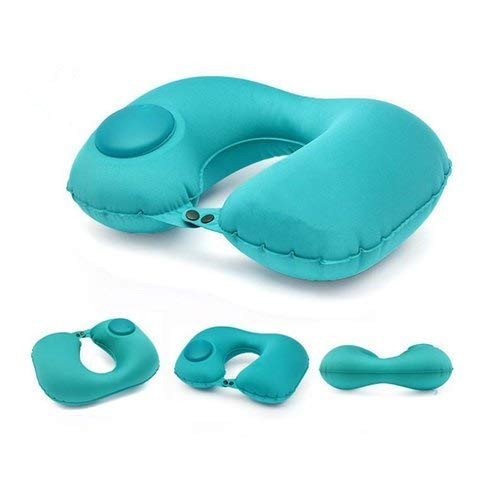 Foldable Travel Pillow That can be inflated at The Push of a Button (Green, Soft Fabric)