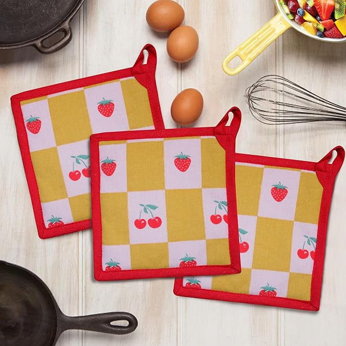 Strawberry Cherry Pot Holders Set of 3, Kitchen Cooking & Baking Heat Resistant Microwave Oven Trivets - Best for Heat Protection of Hands & Holding Hot Utensils