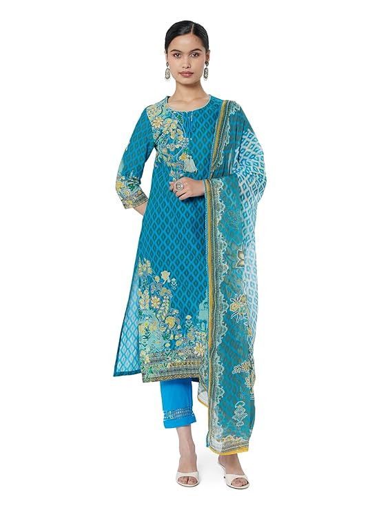 Women Cotton Straight Kurta Slim Pants Suit Set