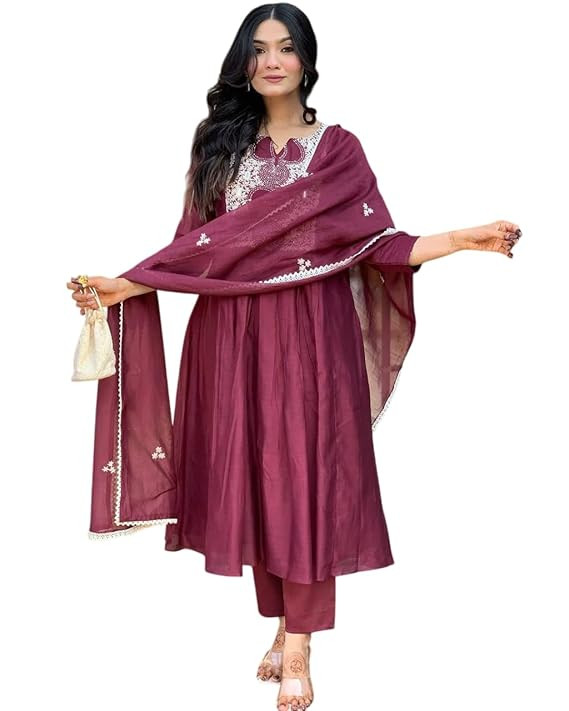 Women's Cotton Printed Anarkali Kurti With Pant and Mulmul Dupatta Set