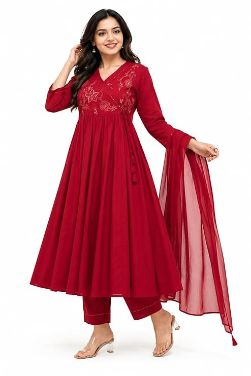 Women's Anarkali Kurta Pant Set, Floral Embroidered Rayon, Three-Quarter Sleeves, V-Neck, Magenta, with Dupatta