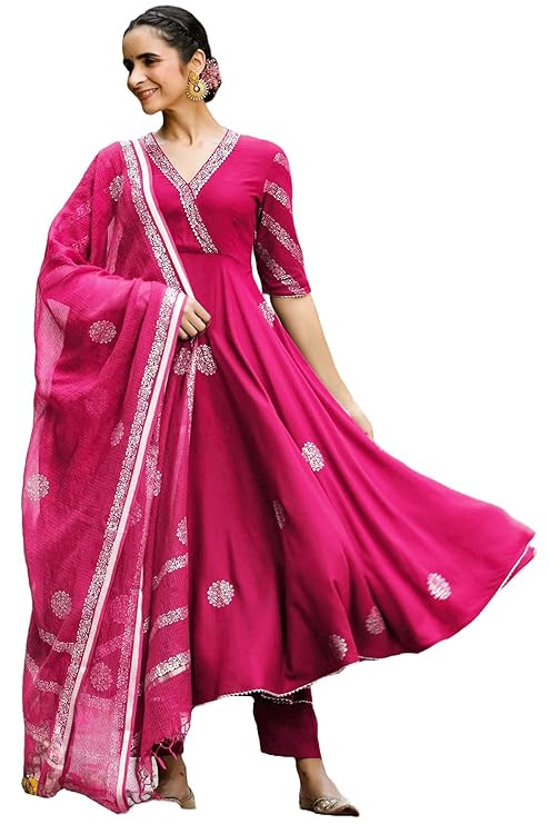 Women's Cotton Blend Printed Anarkali Kurta with Pant & Dupatta | Ethnic Wear for Women | Indian Casual Office Daily Summer Outfit
