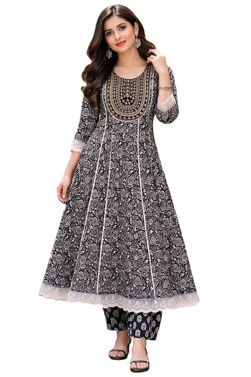 Women's Rayon Embroidered-Yoke Anarkali Kurta with Pant Set, Soft Breathable Fabric, Lace Border & Gotta Patti, Flattering U-Neck 3/4 Sleeve