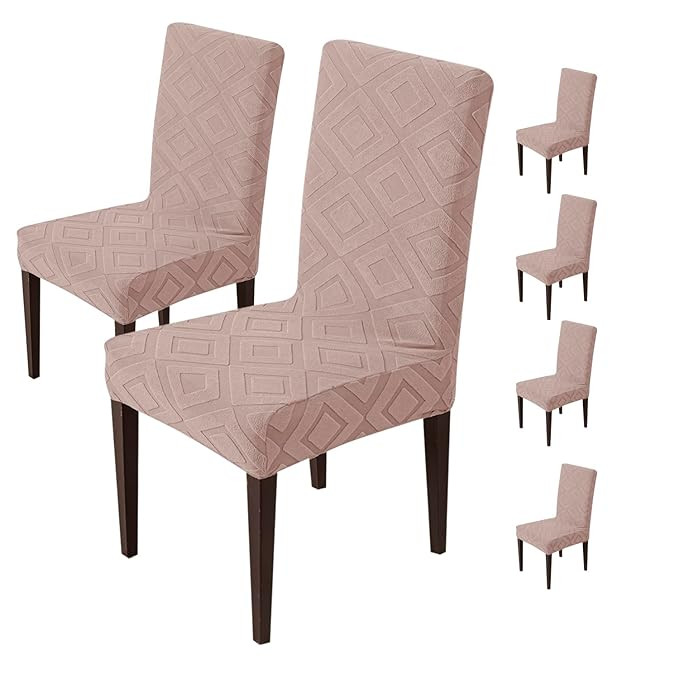 Stretchy Universal Jacquard Fabric Diamond Texture 220 GSM Chair Cover Removable & Washable Short Dining Chair Cover Protector Seat Slipcover (Pink, Pack of 6)
