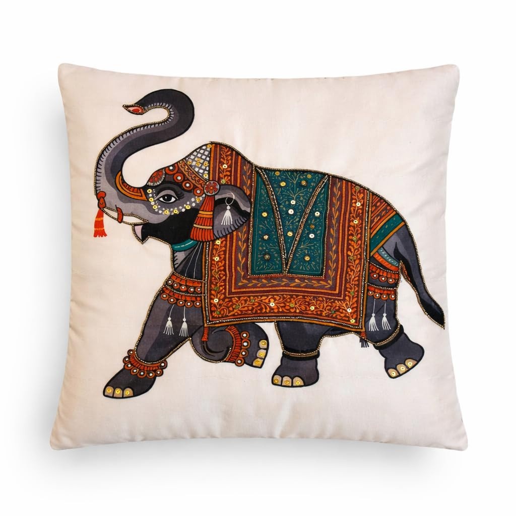 Decorative Cushion Cover Set of 2, 16x16 Inch, Premium Polycotton Sofa Cushion Covers for Living Room (Royal Elephant)