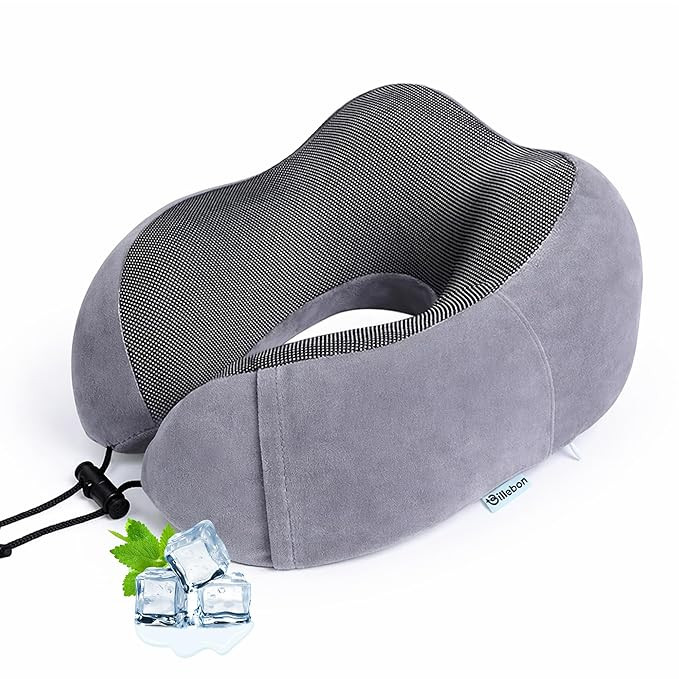 Neck Pillow for Travel – Cool-Gel Infused Memory Foam Support, U-Shape Ergonomic Design, Portable for Flight Journeys, Lightweight Compact Build, Soft Washable Cover (Grey)