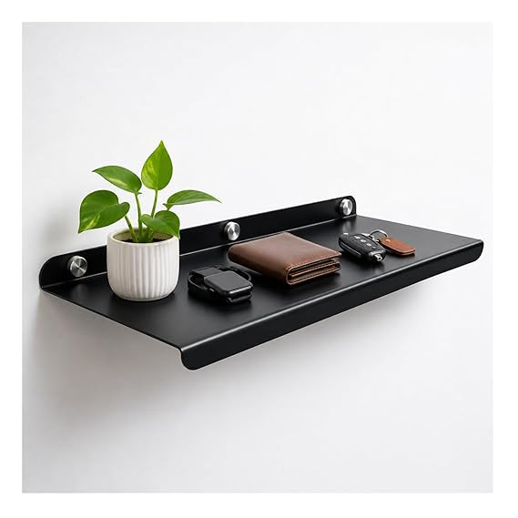 Black Metal Floating Wall Shelves – Long Wall Mounted Shelf for Living Room Decor, Bedroom & Home Walls | Modern Design Rack for Books, Plants, Showpieces & Organizer Use | 12 Inch