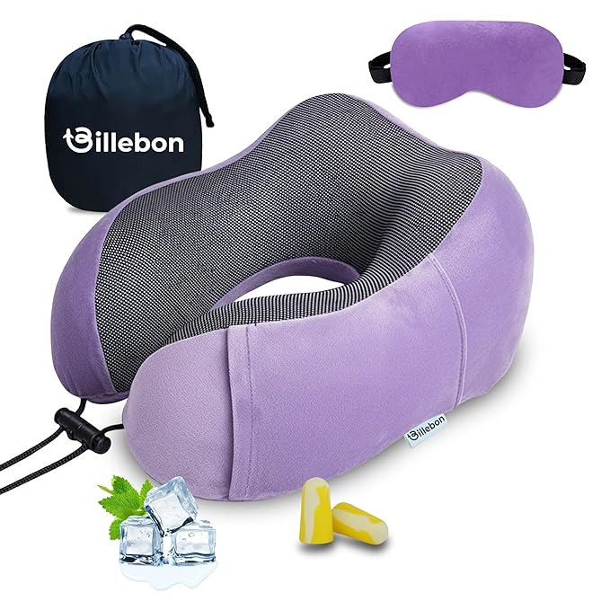 Neck Pillow for Travel – Cool-Gel Infused Memory Foam Support, U-Shape Ergonomic Design, Portable for Flight Journeys, Lightweight Compact Build, Soft Washable Cover (Lavender with Eye Mask)