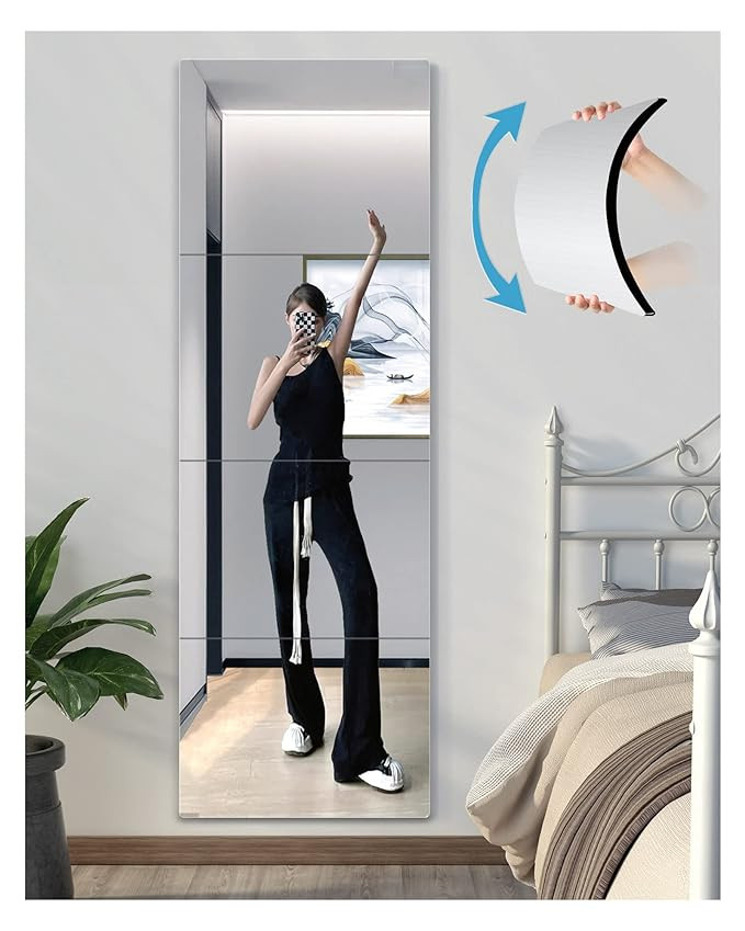 Shatterproof Wall Mirror Full Length for Bedroom,Plexiglass Gym Mirrors for Home, Extra Thick: 0.1 inch, 10x10 inchx4 Pcs, Workout Mirrors Safe for Kids, Over The Door, Long Wall Mounted,Acrylic frame
