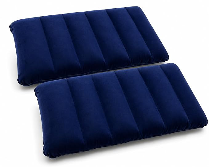 Cotton Small Squared Travel Flocked Fabric Air Pillow with Air Pump, Compact, Comfortable, for Neck & Lumbar Support, Camping and Hiking, Blue Color, Pillow Pack of 2