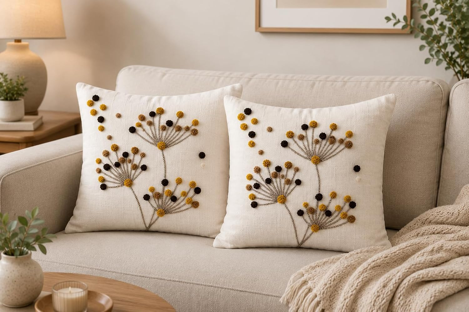 Decorative Embroidery | Premium Tufted Cushion Cover in 16x16 inches for Couch, Chair, Sofa, Bedroom, Living Room - Set of 2 (Dandelion Knot)