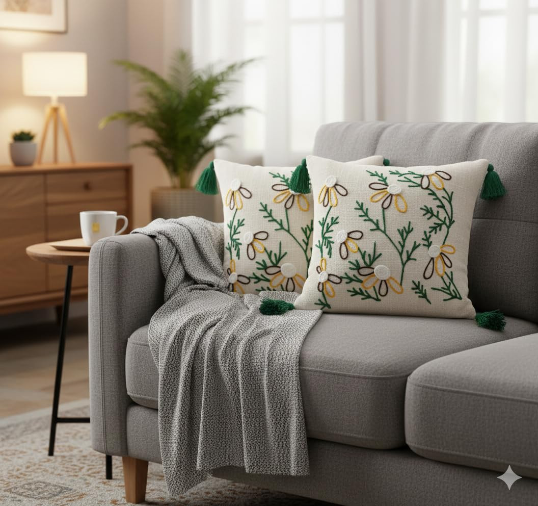 Decorative Embroidery | Premium Tufted Cushion Cover in 16x16 inches for Couch, Chair, Sofa, Bedroom, Living Room - Set of 2 (Green)