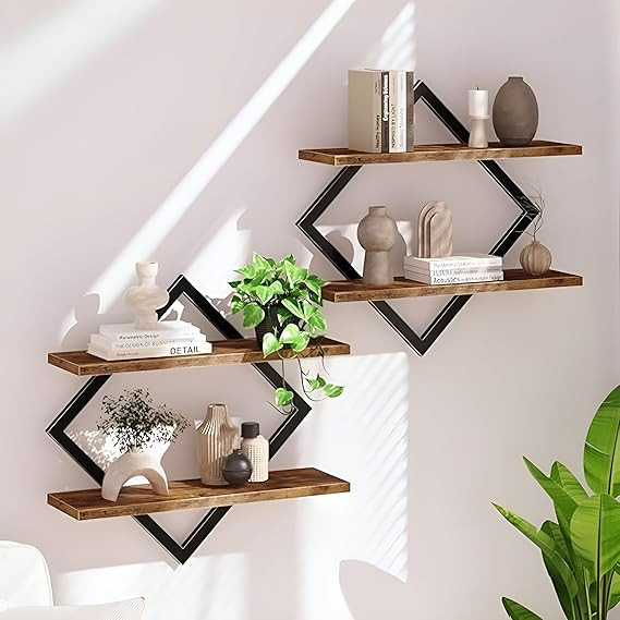 Floating Wall Shelves, Wall Shelf for Bedroom, Wall Shelves for Living Room, Rustic Wood with Black Metal Diamond Frame, 76cm Length, Wall Mounted Shelves (Set of 2)