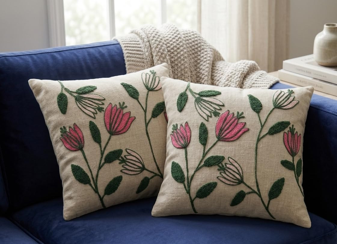 Decorative Embroidery | Premium Tufted Cushion Cover in 16x16 inches for Couch, Chair, Sofa, Bedroom, Living Room - Set of 2 (Meadow Vine)