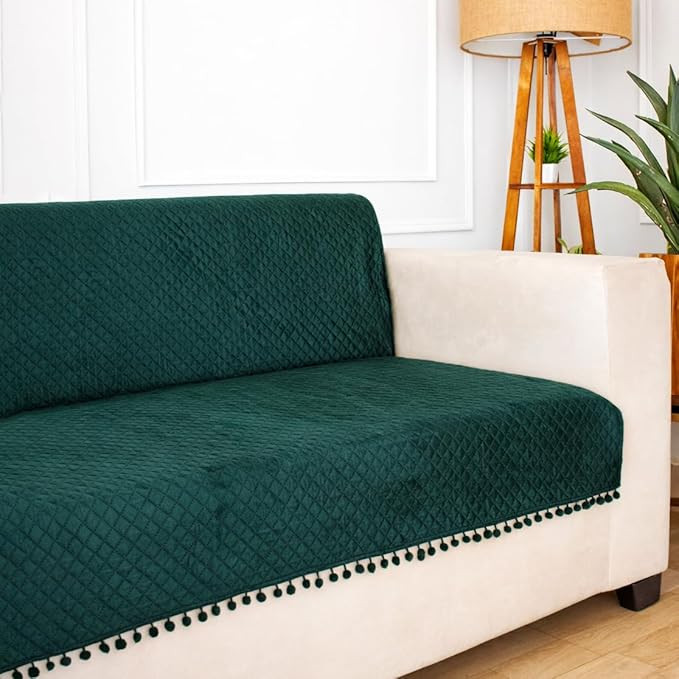 Quilted Velvet Sofa Cover 3+1+1 Seater Fully Covered | Premium Soft Fabric, Washable & Fade Resistant | Green Sofa Protector with Pompom | 5 Seater
