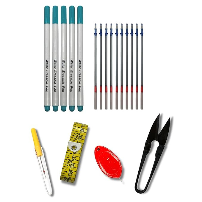Water Erasable Fabric Marker Refill Kit, Blue, with Seam Ripper, Measuring Tape, Needle Threader & Thread Cutter for Sewing (5 pc Blue Pens & 10 Silver Refill Combo)