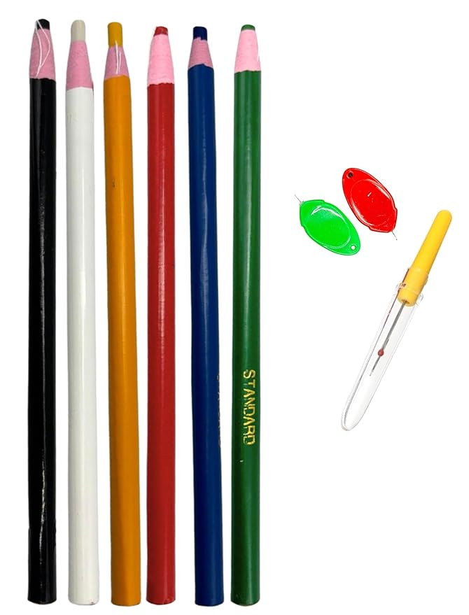 Tailoring Marking Pencil Set, 6 Colours, with 2pc Threader and Seam Ripper, Cut-Free Design, (6 PC MULTOCLOR Pencil + 2 Threader + 1 Seam Ripper)